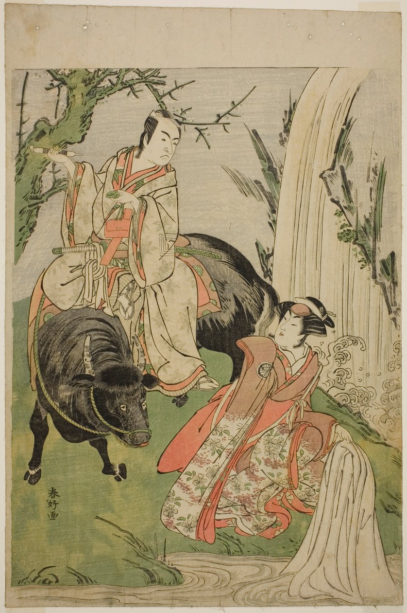 Die Schauspieler Segawa Kikunojo III als Prinzessin Hatsune (Hatsune Hime) und Ichikawa Monnosuke II als Miyukinosuke Yukinari im Stück Otokoyama Furisode Genji, aufgeführt im Kiri-Theater im elften Monat, 1785 von Katsukawa Shunkо̄