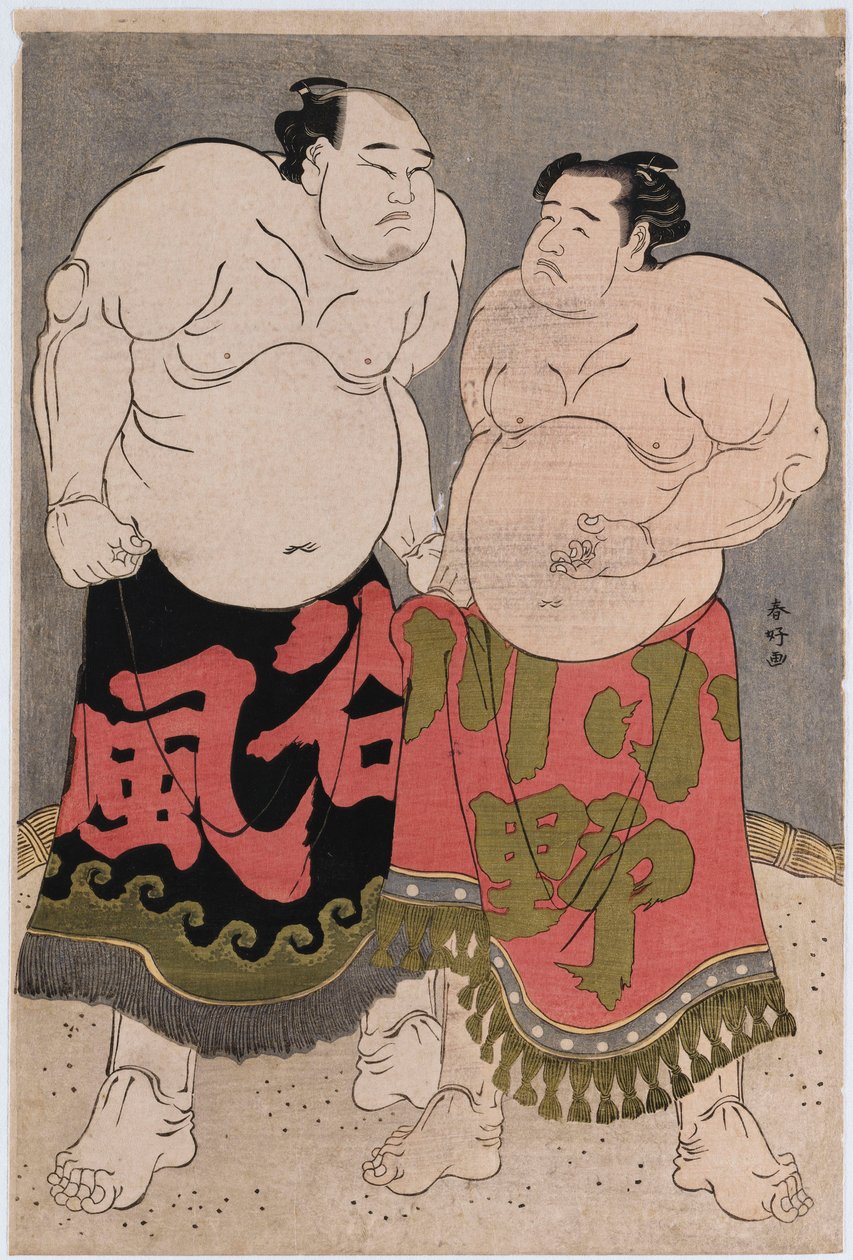 Ganzkörperporträts der Ringer Onogawa Kisaburo, rechts, und Tanizake Kajinosuke, links von Katsukawa Shunko