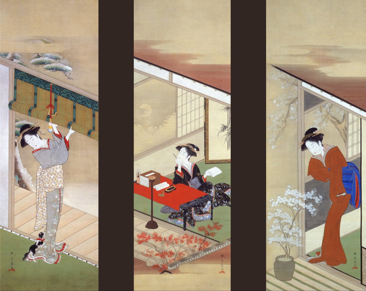 Frauen in den Jahreszeiten Schnee, Mond und Blume von Katsukawa Shunsho