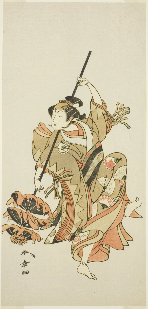 Der Schauspieler Iwai Hanshirô IV führt den Dreifach-Regenschirmtanz in „Blume Japans: Ono no Komachis fünf Charaktere“ („Kuni no Hana Ono no Itsumoji“) auf von Katsukawa Shunsho