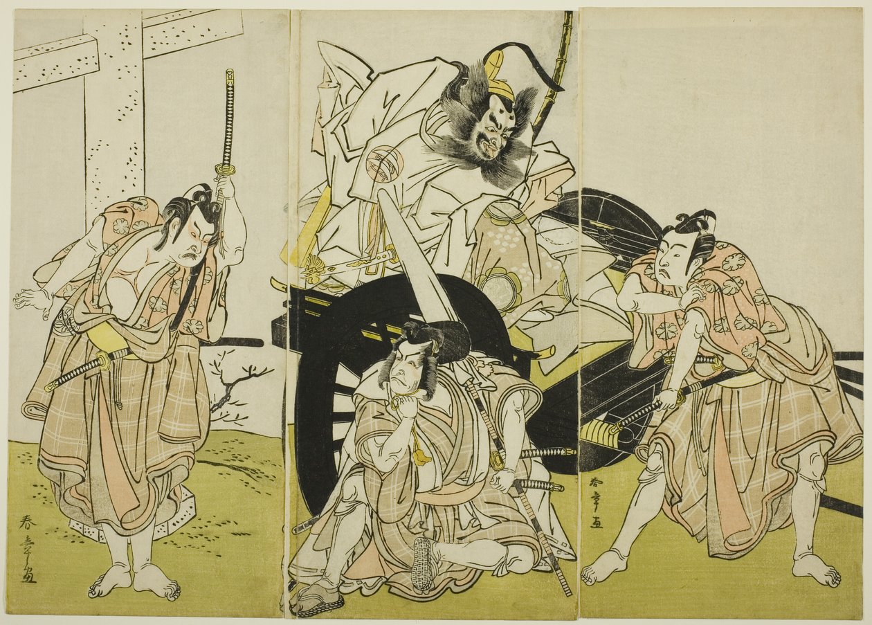 Schauspieler Nakajima Mihoemon II als Fujiwara no Shihei, Ichikawa Ebizō III als Matsuo-maru, Ichikawa Yaozō II als Sakura-maru und Ichimura Uzaemon IX als Umeo-maru in „Sugawaras Geheimnisse der Kalligraphie“ („Sugawara denju tenarai kagami“) von Katsukawa Shunsho