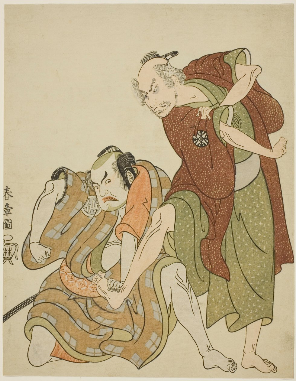 Schauspieler in den Rollen von Giheiji und seinem Schwiegersohn, Danshichi Kurobei von Katsukawa Shunsho