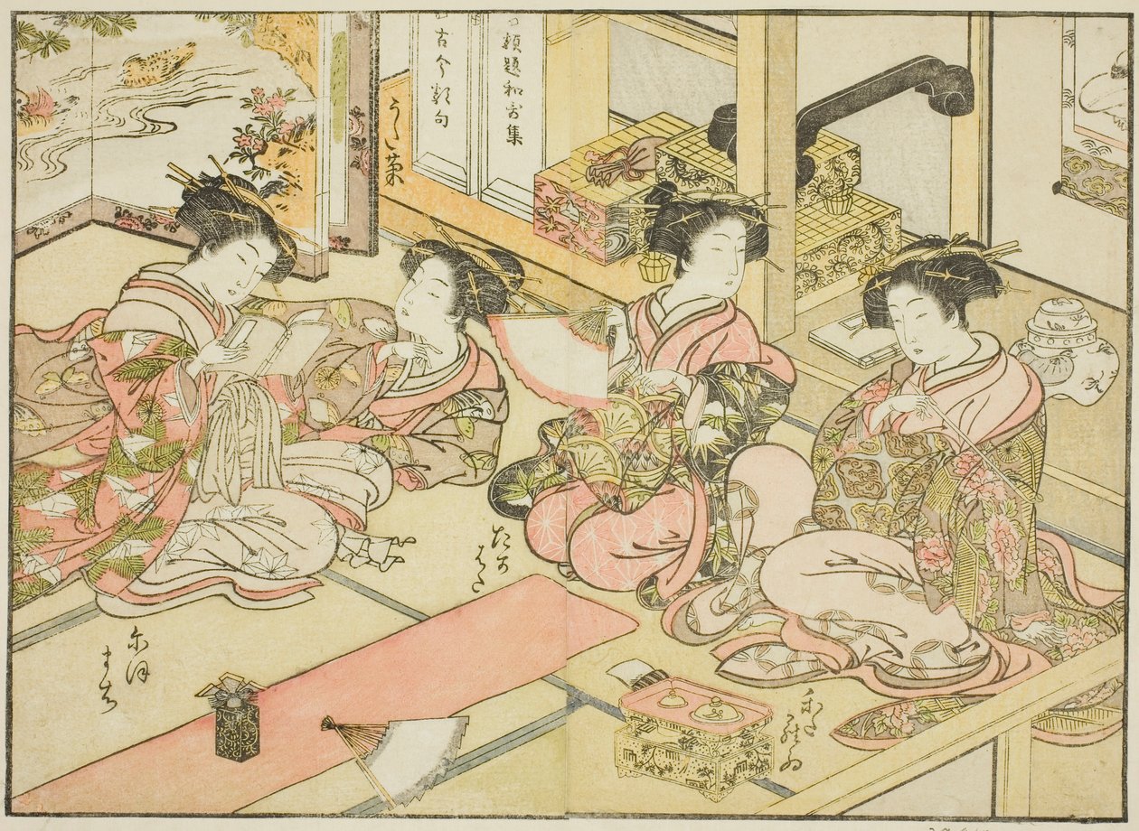 Kurtisanen von Ogiya, aus dem Buch "Spiegel der schönen Frauen der Vergnügungsviertel (Seiro bijin awase sugata kagami)," Bd. 1 von Katsukawa Shunsho