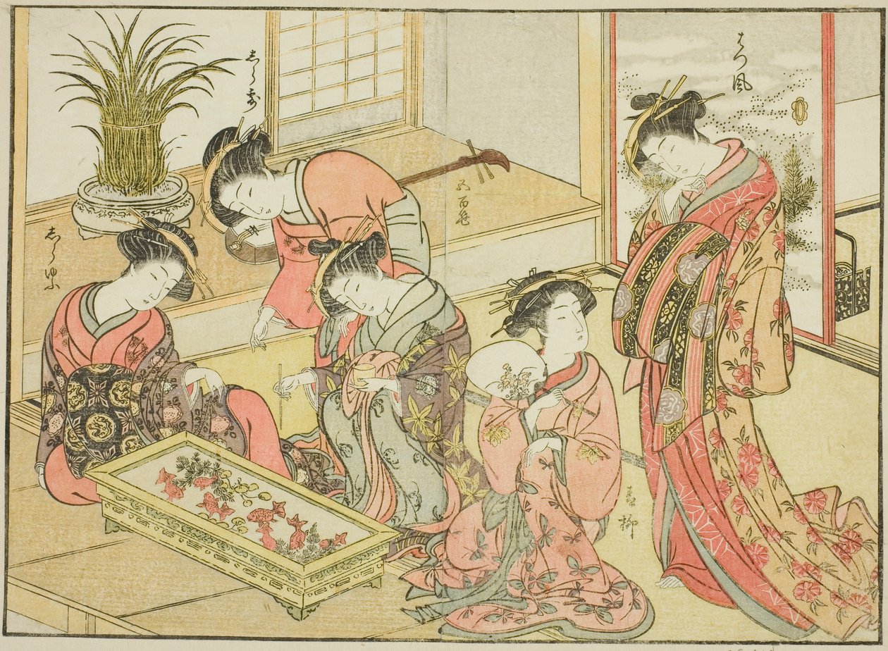 Kurtisanen des Wakanaya, aus dem Buch "Spiegel der schönen Frauen der Vergnügungsviertel (Seiro bijin awase sugata kagami)," Bd. 1 von Katsukawa Shunsho