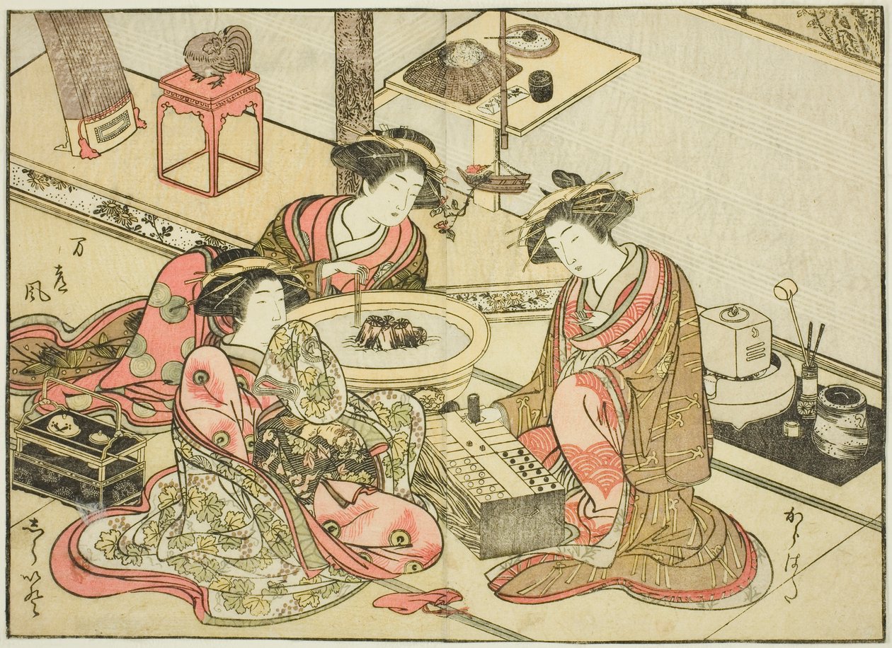 Kurtisanen des Yamashiroya, aus dem Buch "Spiegel der schönen Frauen der Vergnügungsviertel (Seiro bijin awase sugata kagami)", Bd. 2 von Katsukawa Shunsho