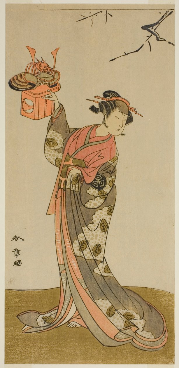 Der Schauspieler Arashi Hinaji I als Hananoi im Stück Gosho-zakura Horikawa Youchi, aufgeführt im Ichimura-Theater im vierten Monat, 1773 von Katsukawa Shunsho