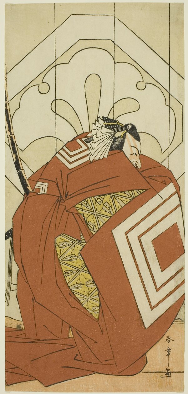 Der Schauspieler Ichikawa Danjuro V in einer "Shibaraku"-Rolle, wahrscheinlich als Kato Hyoeisa Shigemitsu, in der dritten Szene des Stücks Masakado Kammuri no Hatsuyuki (Der erste Schnee auf Taira no Masakados Hofkrone), aufgeführt im Nakamura-Theater im  von Katsukawa Shunsho