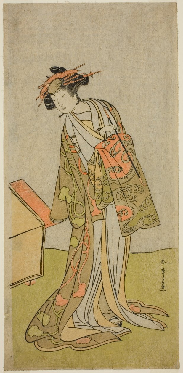 Der Schauspieler Iwai Hanshiro IV als Kurtisane Agemaki im Stück "Sukeroku Yukari no Hatsu-zakura," aufgeführt im Ichimura-Theater im dritten Monat, 1776 von Katsukawa Shunsho