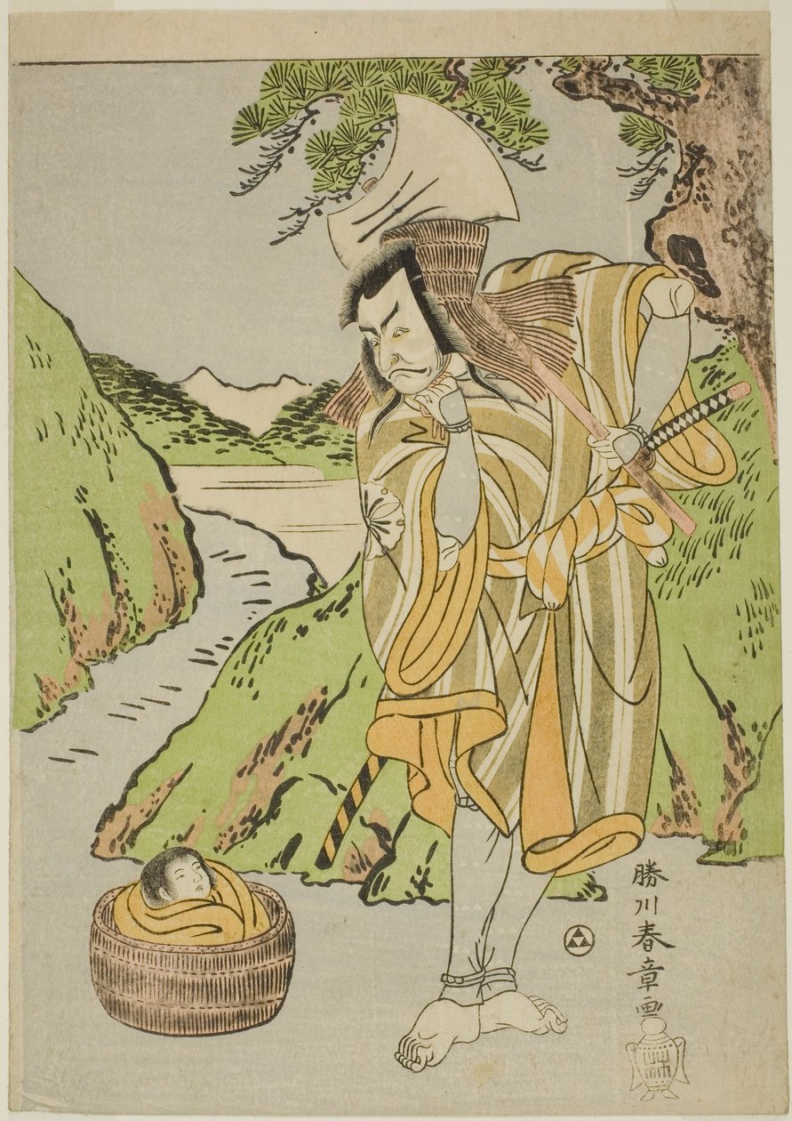 Der Schauspieler Matsumoto Koshiro II als Osada no Taro Kagemune verkleidet als Holzfäller Gankutsu no Gorozo, in Akt Vier (?) des Stücks Nue no Mori Ichiyo no Mato (Wald des Nue-Monsters: Ziel des elften Monats), aufgeführt im Nakamura-Theater von Katsukawa Shunsho
