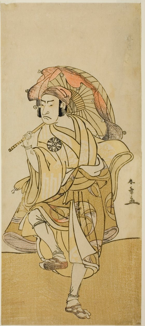 Der Schauspieler Nakamura Nakazo I als Onmaya Kisanda verkleidet als Löwentänzer Kakubei im Stück Chigo Torii Tobiiri Kitsune, aufgeführt im Ichimura-Theater im elften Monat, 1777 von Katsukawa Shunsho