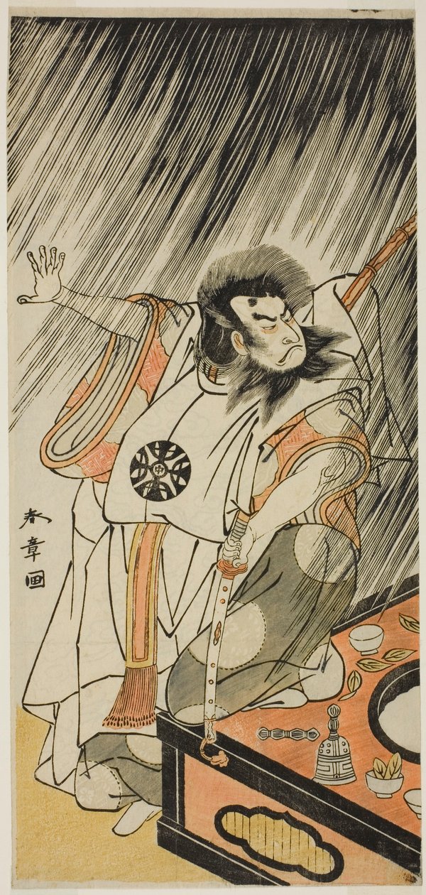 Der Schauspieler Nakamura Nakazo I in der Rolle eines bösen Höflings, wahrscheinlich Prinz Takahito, unehelicher Sohn von Kaiser Takakura, verkleidet als Aso no Matsuwaka, im ersten Teil des Stücks Iro Moyo Aoyagi Soga (Grüne Weide Soga des erotischen Desi von Katsukawa Shunsho