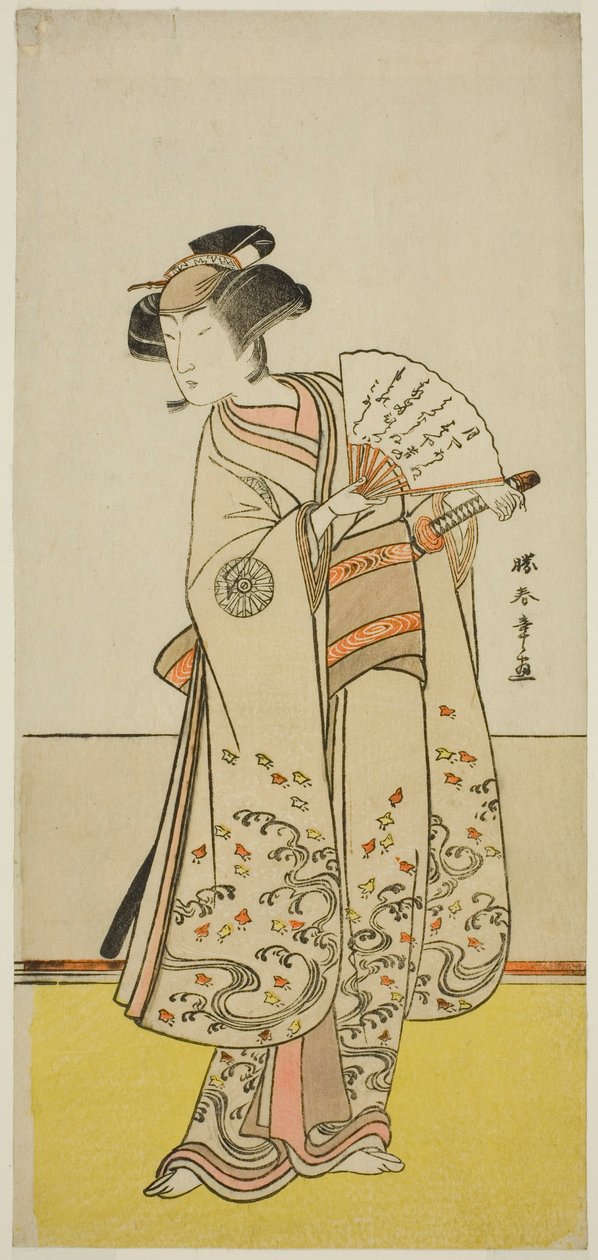 Der Schauspieler Nakamura Noshio I als Oiso no Tora (?) im Stück Shida Yuzuriha Horai Soga (?), aufgeführt im Morita Theater (?) im ersten Monat, 1775 (?) von Katsukawa Shunsho