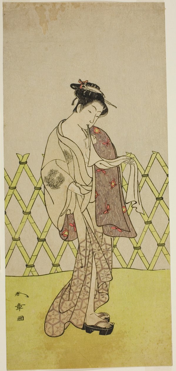 Der Schauspieler Nakamura Riko I als Hakata no Kojoro (?) im Stück Shitenno-ji Nobori Kuyo, aufgeführt im Ichimura-Theater im achten Monat, 1773 von Katsukawa Shunsho