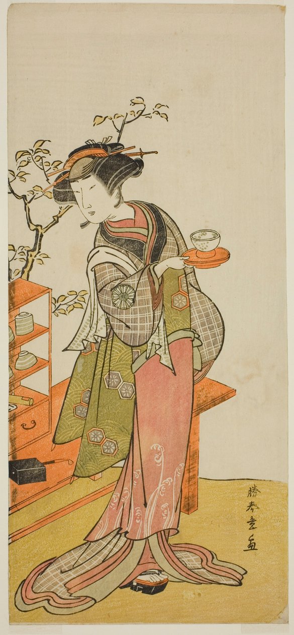 Der Schauspieler Nakamura Tomijuro I als Kellnerin Otake im Stück Chigo Suzuri Aoyagi Soga, aufgeführt im Nakamura-Theater im ersten Monat, 1777 von Katsukawa Shunsho