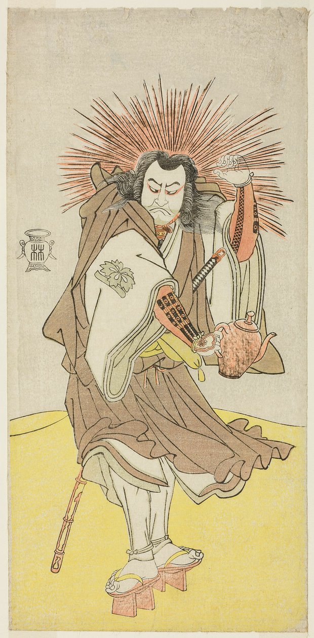 Der Schauspieler Nakayama Kojuro VI als Osada no Taro Kagemune (in Wirklichkeit Hatcho Tsubute no Kiheiji), in der Gestalt eines Laternenanzünders des Gion-Schreins, in Akt Drei aus Teil Eins des Stücks Yukimotsu Take Furisode Genji (Schneebedeckter Bambus von Katsukawa Shunsho