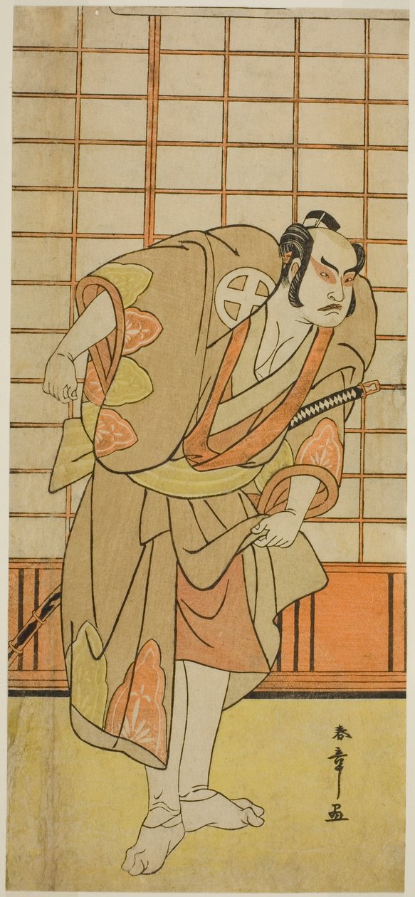 Der Schauspieler Otani Hiroji III als Hata no Daizen Taketora verkleidet als Shikishima Wakahei im Stück Juni-hitoe Komachi-zakura, aufgeführt im Kiri-Theater im elften Monat, 1784 von Katsukawa Shunsho