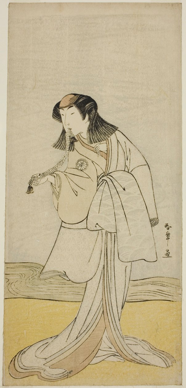 Der Schauspieler Segawa Kikunojo III als Miura no Katagai verkleidet als Nonne Narukami, im Stück Ume-goyomi Akebono Soga, aufgeführt im Ichimura-Theater im zweiten Monat, 1780 von Katsukawa Shunsho