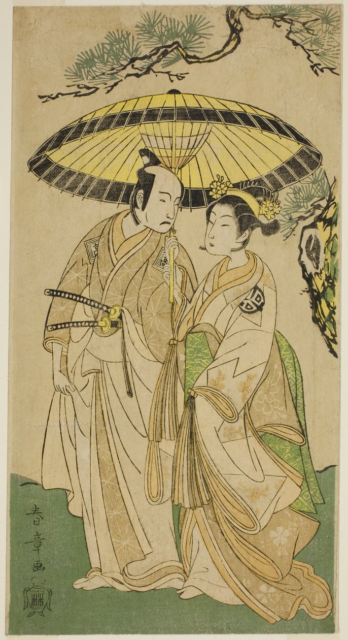 Die Schauspieler Arashi Hinaji I (rechts) und Ichikawa Komazo II (links) als Prinzessin Sakura (Sakura Hime) (?) und Shimizu Tonoinosuke (?), im Stück Soga Moyo Aigo no Wakamatsu (?), aufgeführt im Nakamura Theater (?) im dritten Monat, 1769 (?) von Katsukawa Shunsho