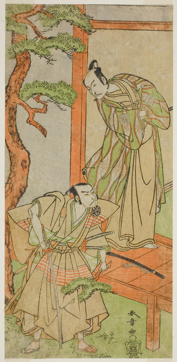 Die Schauspieler Ichikawa Danjuro V als Momonoi Wakasanosuke (rechts) und Nakamura Nakazo I als Kakogawa Honzo (links) im Stück Kanadehon Chushingura, aufgeführt im Nakamura-Theater im fünften Monat, 1771 von Katsukawa Shunsho