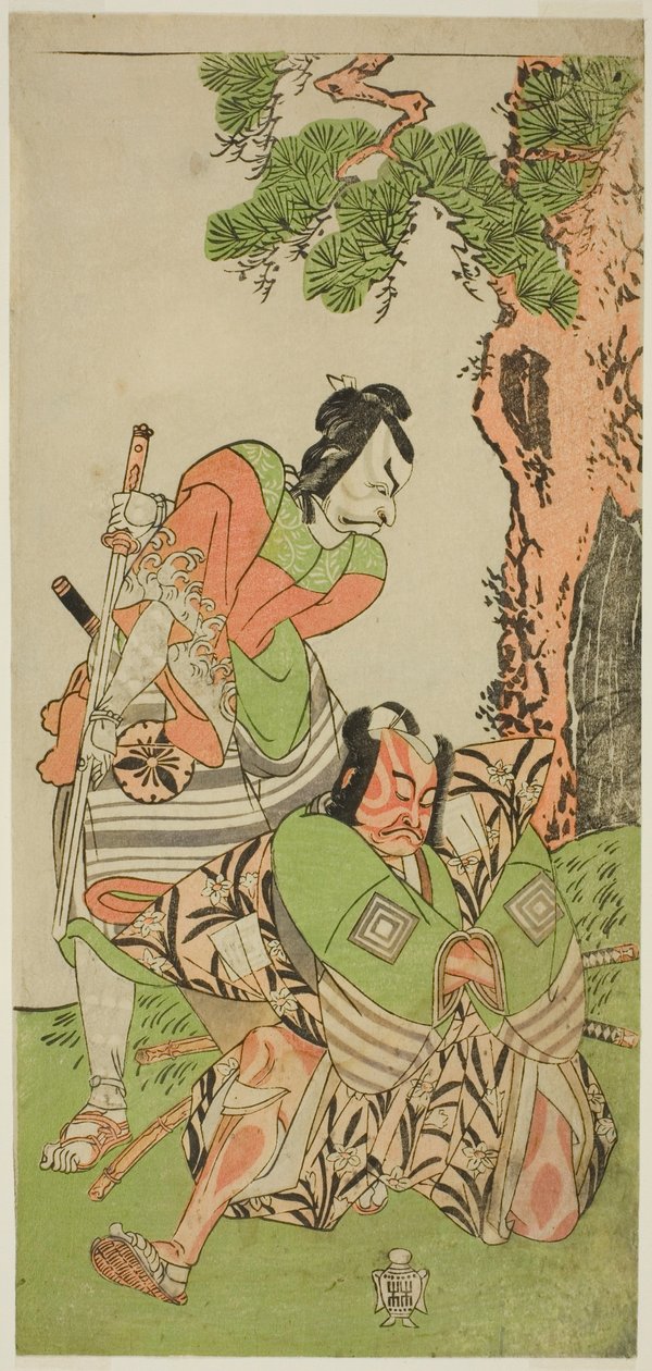 Die Schauspieler Ichikawa Danzo III als I no Hayata Tadazumi (rechts) und Matsumoto Koshiro II als Osada no Taro Kagemune verkleidet als Yatsurugi Zaemon (links), im Stück Nue no Mori Ichiyo no Mato, aufgeführt im Nakamura-Theater im elften Monat, 1770 von Katsukawa Shunsho