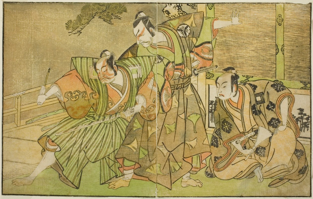 Die Schauspieler Ichikawa Komazo II als Minamoto no Yorimasa (rechts), Matsumoto Koshiro II als Osada no Taro Kagemune verkleidet als Yatsurugi Zaemon (Mitte), und Ichikawa Danzo III als I no Hayata Tadazumi (links), im Stück Nue no Mori Ichiyo no Mato, au von Katsukawa Shunsho