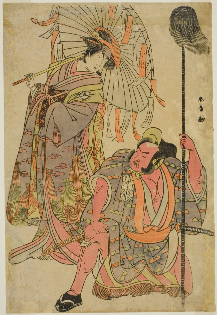 Die Schauspieler Ichimura Uzaemon IX als Hata no Daizen Taketora verkleidet als Yakko Matahei (rechts) und Iwai Hanshiro IV als Umegae verkleidet als Gedichtdeuterin Omatsu (links), im Stück Mukashi Otoko Yuki no Hinagata, aufgeführt im Ichimura-Theater von Katsukawa Shunsho