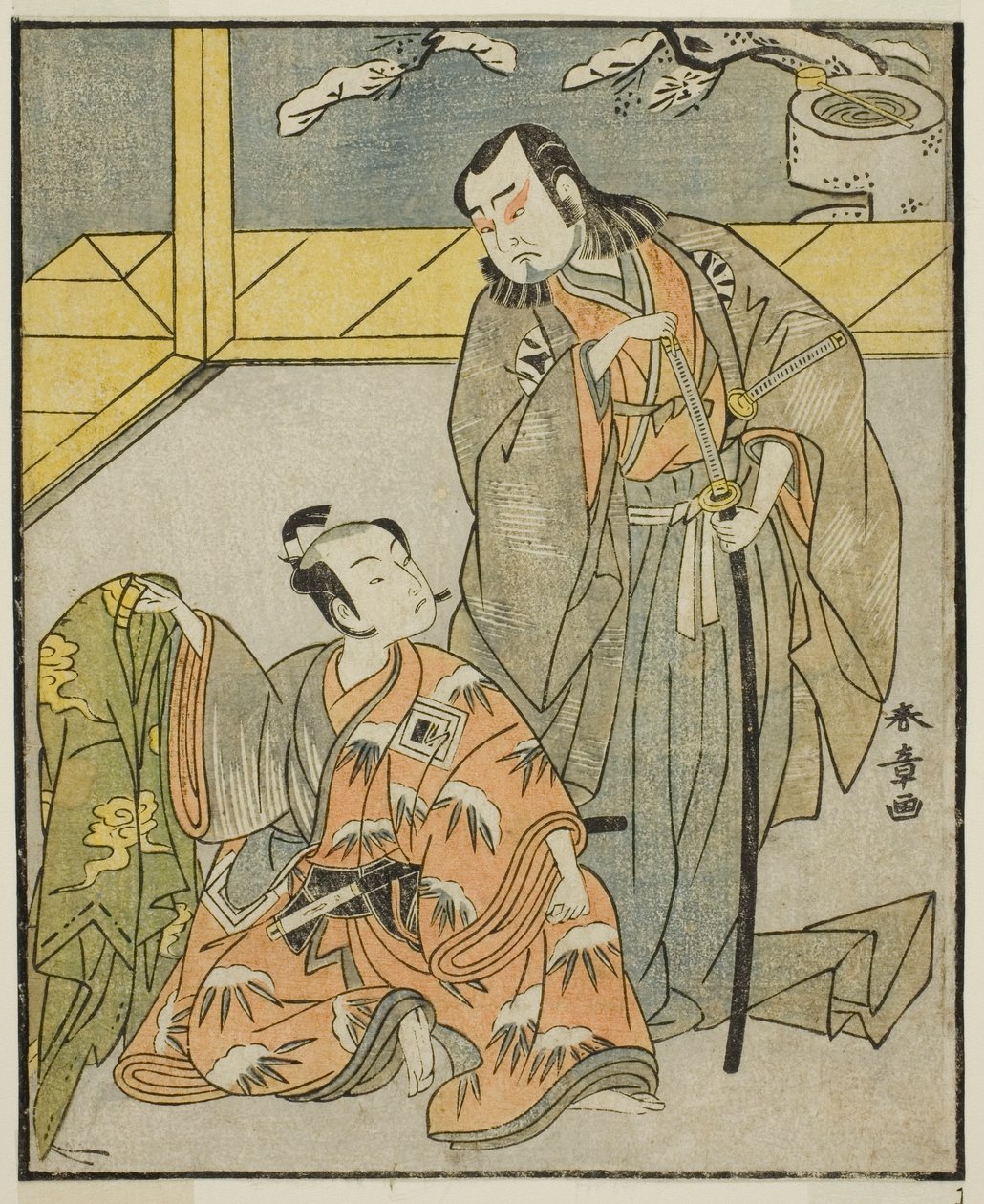Die Schauspieler Nakamura Denkuro II als Suma no Dairyo (rechts) und Ichikawa Komazo II als Ariwara no Yukihira (links), im Stück Kuni no Hana Ono no Itsumoji, aufgeführt im Nakamura-Theater im elften Monat, 1771 von Katsukawa Shunsho