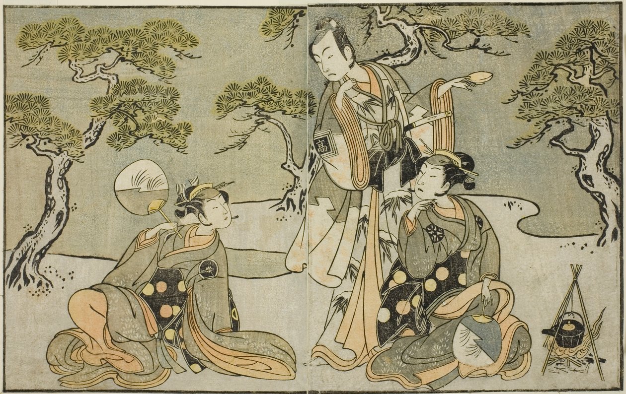 Die Schauspieler Nakamura Nakazo I als Matsukaze (rechts), Ichikawa Komazo II als Ariwara no Yukihira (Mitte) und Iwai Hanshiro IV als Murasame (links), im Stück Kuni no Hana Ono no Itsumoji, aufgeführt im Nakamura-Theater im elften Monat, 1771 von Katsukawa Shunsho