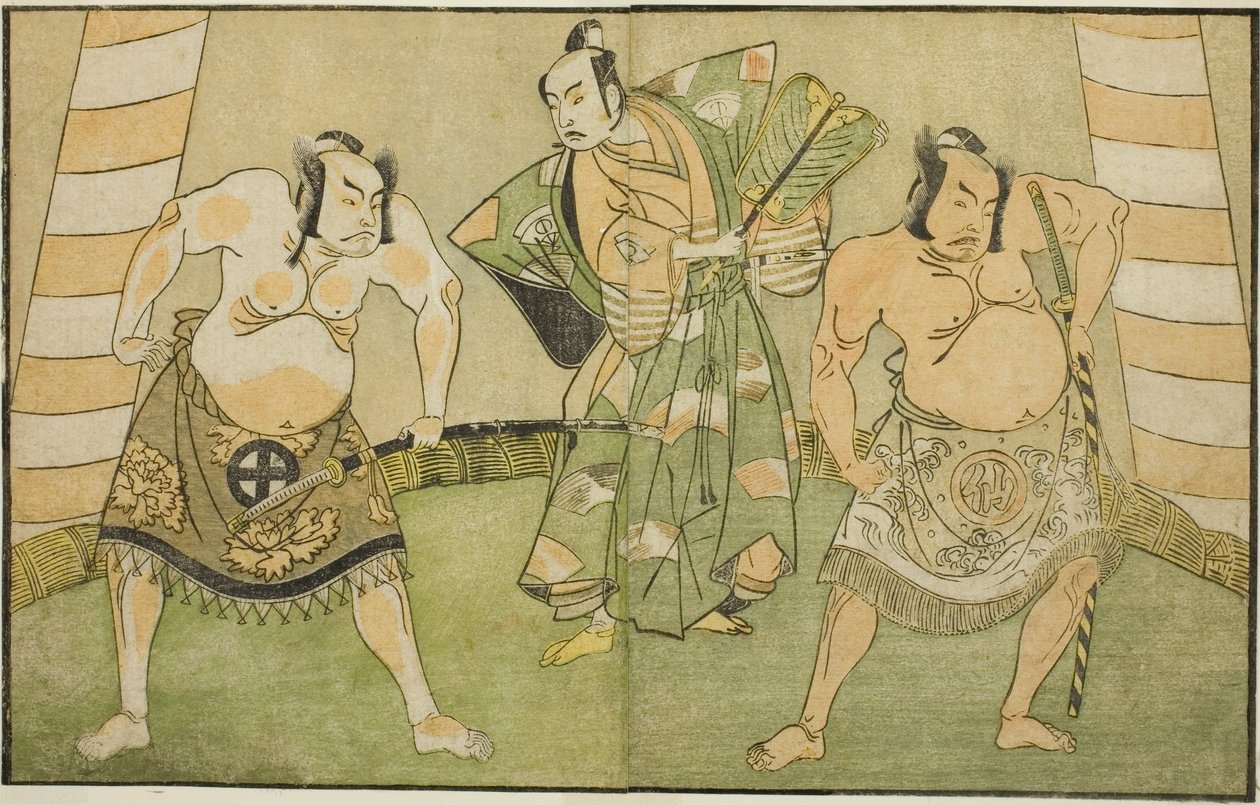 Die Schauspieler Nakamura Sukegoro II als Matano no Goro (rechts), Onoe Kikugoro I als Soga no Taro (Mitte) und Otani Hiroji III als Kawazu no Saburo (links), im Stück Myoto-giku Izu no Kisewata, aufgeführt im Ichimura-Theater im elften Monat, 1770 von Katsukawa Shunsho