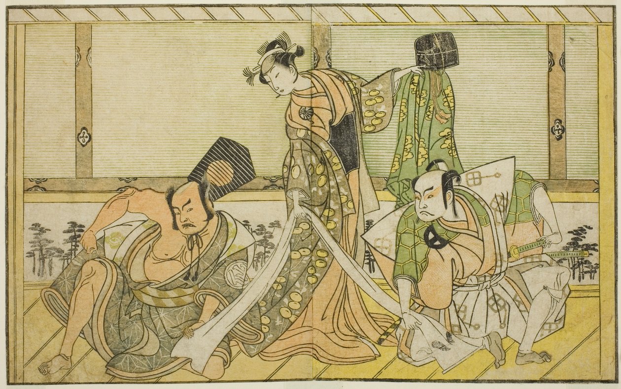Die Schauspieler Otani Hiroji III als Kawazu no Saburo (rechts), Segawa Kikunojo II als Prinzessin Tatsu (Tatsu Hime) (Mitte) und Nakamura Sukegoro II als Matano no Goro (links), im Stück Myoto-giku Izu no Kisewata, aufgeführt im Ichimura Theater im Elften von Katsukawa Shunsho