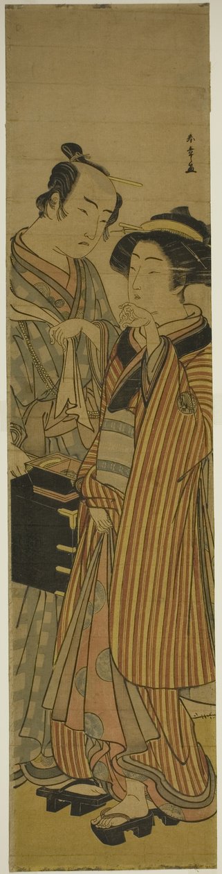 Die Schauspieler Segawa Kikunojo III als Okoma (rechts) und Arashi Sangoro III als Friseur Obana Saizaburo (links), im Stück Koi Musume Mukashi Hachijo, aufgeführt im Nakamura-Theater im dritten Monat, 1776 von Katsukawa Shunsho