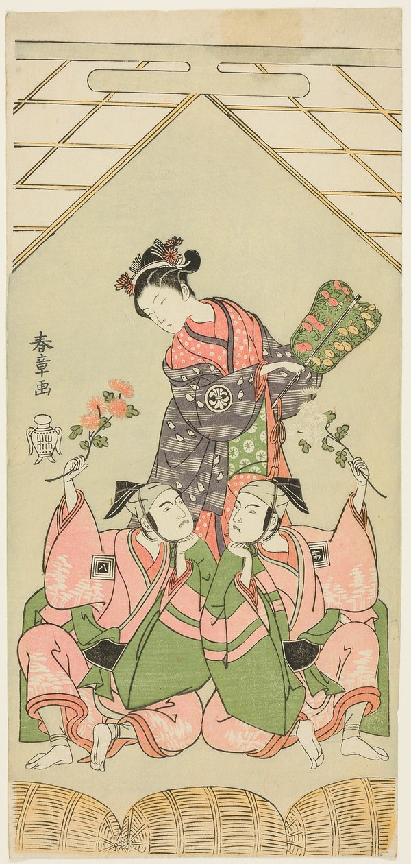 Die Schauspieler Segawa Kikunojo II als Amme Reizei, Ichikawa Komazo I als Suruga no Hachiro in der Gestalt des Shamisen-Spielers Kichiroku (rechts) und Ichikawa Yaozo II als Tada no Kurando in der Gestalt des Sänftenträgers Kichinai (links), in der Szene von Katsukawa Shunsho