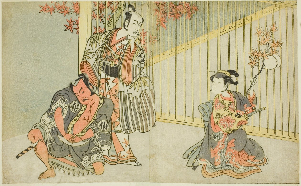 Die Schauspieler Yamashita Kinsaku II als Mutsuhana (rechts), Bando Mitsugoro I als Kashiwagi no Emon (Mitte) und Nakamura Sukegoro II als Akamatsu Mushanosuke (links), im Stück Fuki Kaete Tsuki mo Yoshiwara (Neugedecktes Dach: Der Mond scheint auch über Y von Katsukawa Shunsho