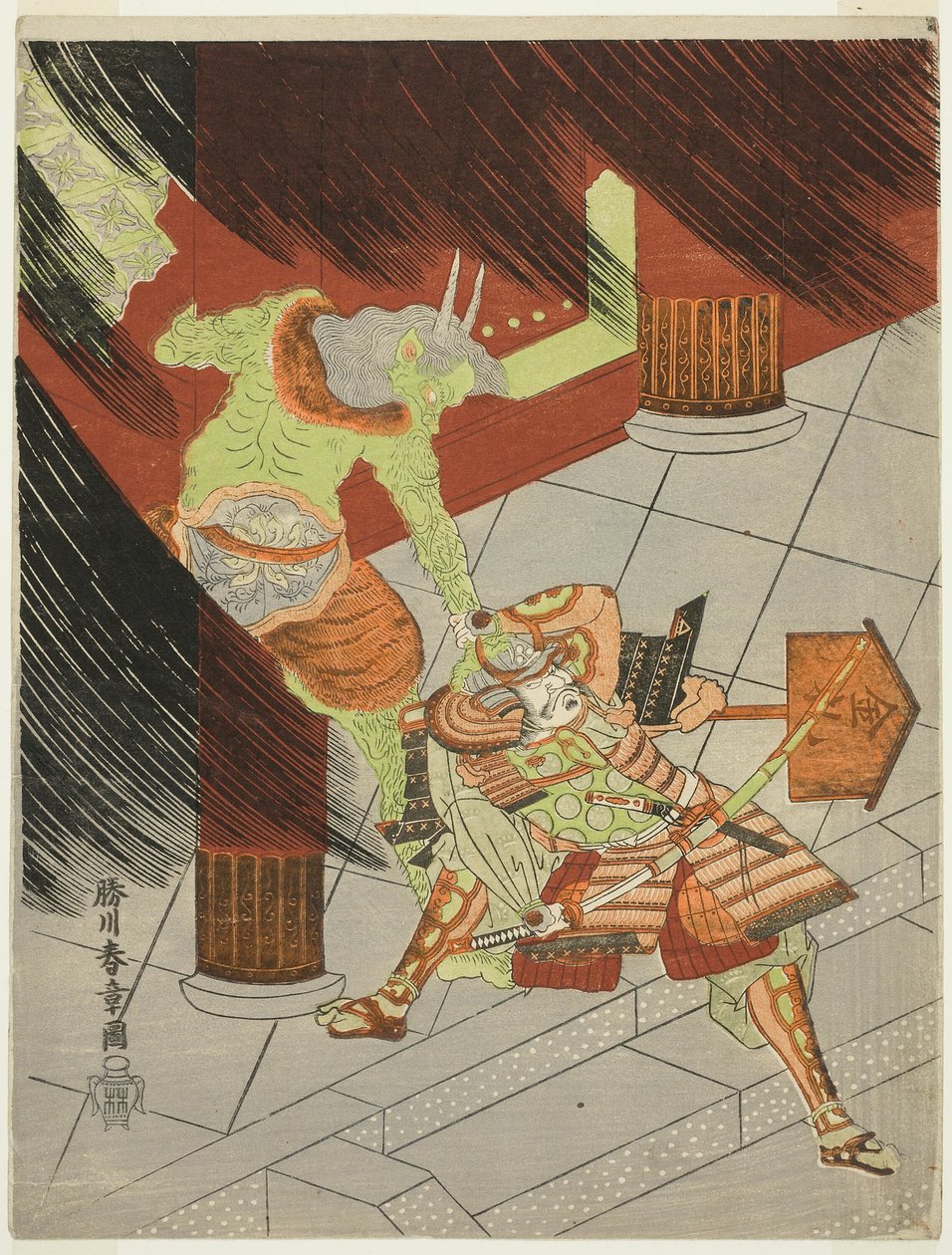 Der Krieger Watanabe no Tsuna kämpft gegen den Dämon am Rashomon von Katsukawa Shunsho