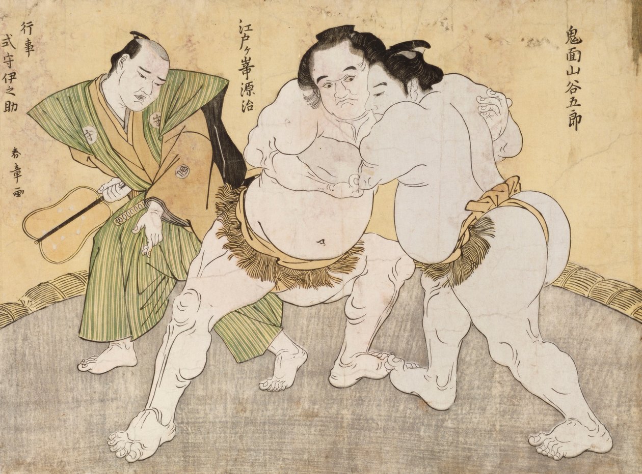 Der Ringkampf zwischen Kimenzan Tanigoro und Edogasaki Gemji von Katsukawa Shunsho