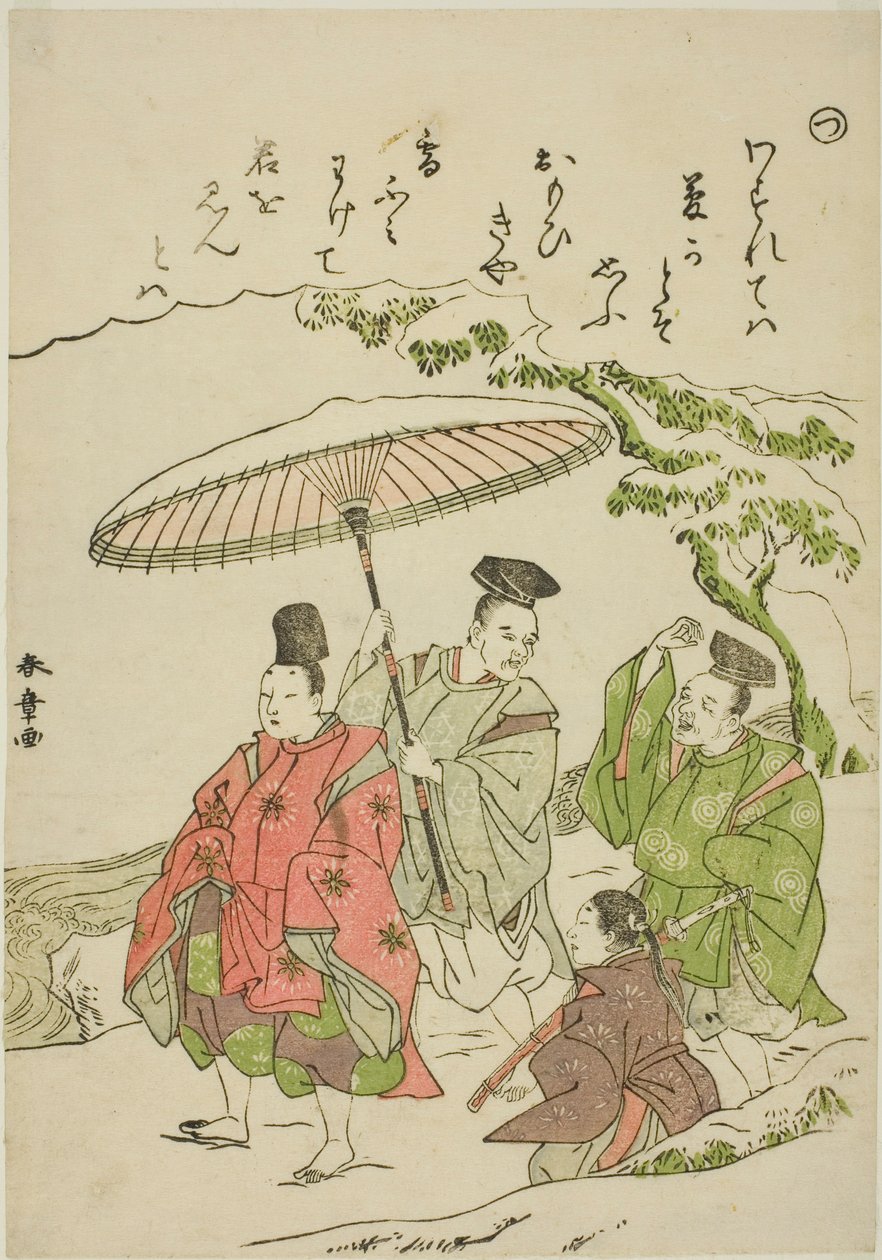„Tsu“: Narihira im Schnee bei Ono, aus der Serie „Geschichten von Ise in modischen Brokatbildern (Furyu nishiki-e Ise monogatari)“ von Katsukawa Shunsho
