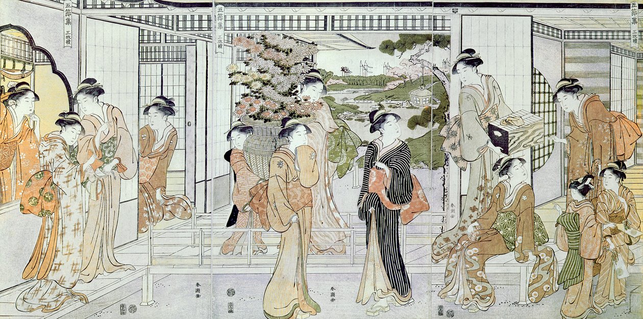 Junge Frauen mit einem Korb Chrysanthemen von Katsukawa Shunsho