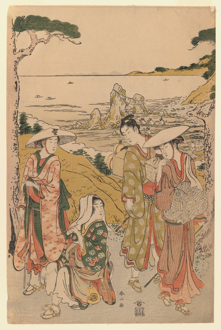 Eine Gruppe von Pilgern aus Yedo vor einem Teehaus auf den Hügeln hinter dem Strand von Futami, 1795 von Katsukawa Shunzan