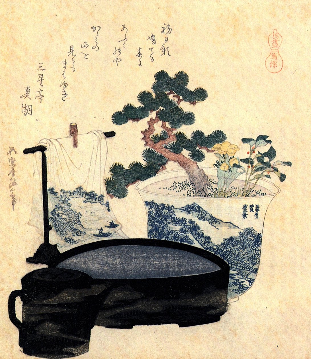 Ein lackiertes Waschbecken und eine Kanne von Katsushika Hokusai