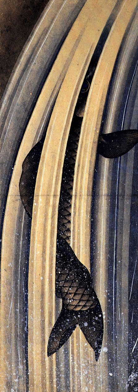 Karpfen, der einen Wasserfall hinaufspringt von Katsushika Hokusai