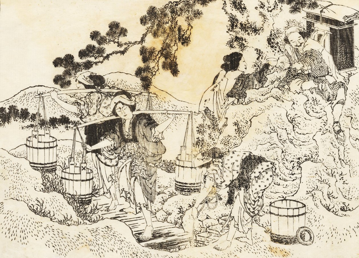 Vier Frauen arbeiten sehr hart und tragen Wasserbehälter von Katsushika Hokusai