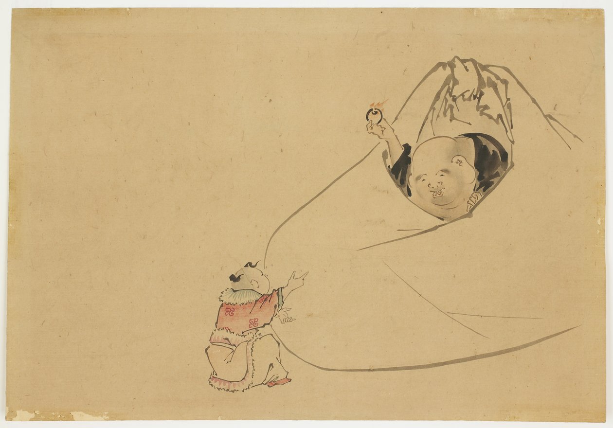 Hotei bietet einem kleinen Jungen ein flammendes Juwel an, ca. 1850 von Katsushika (school of) Hokusai