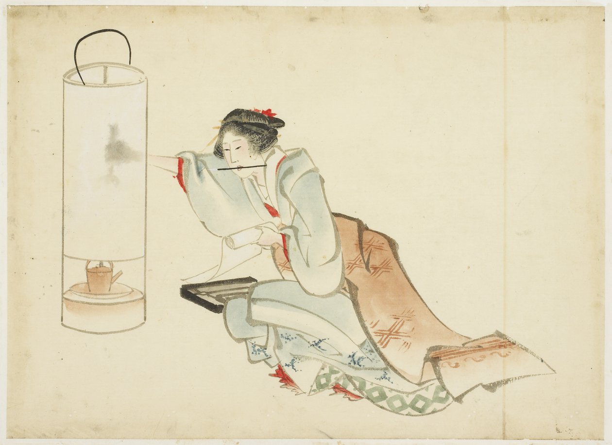 Dame, die eine Lampe einstellt, ca. 1815-1849 von Katsushika (school of) Hokusai