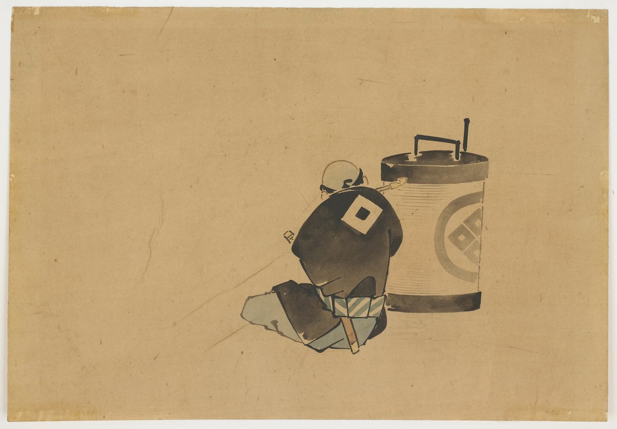 Sitzender Diener raucht bei einer Lampe, ca.1850 von Katsushika (school of) Hokusai