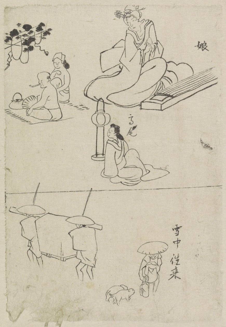 Verschiedene Darstellungen, unter anderem von einer Dame mit einem Koto, einer sitzenden Dame und zwei Männern von After Katsushika Hokusai