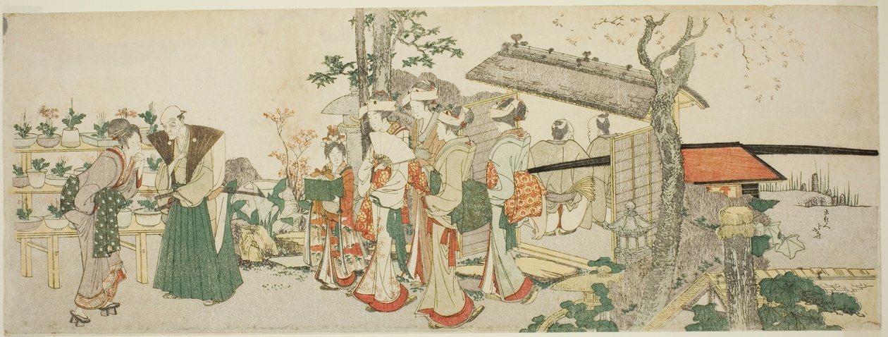 Eine Gruppe junger Frauen betritt den Garten eines Gärtners von Katsushika Hokusai