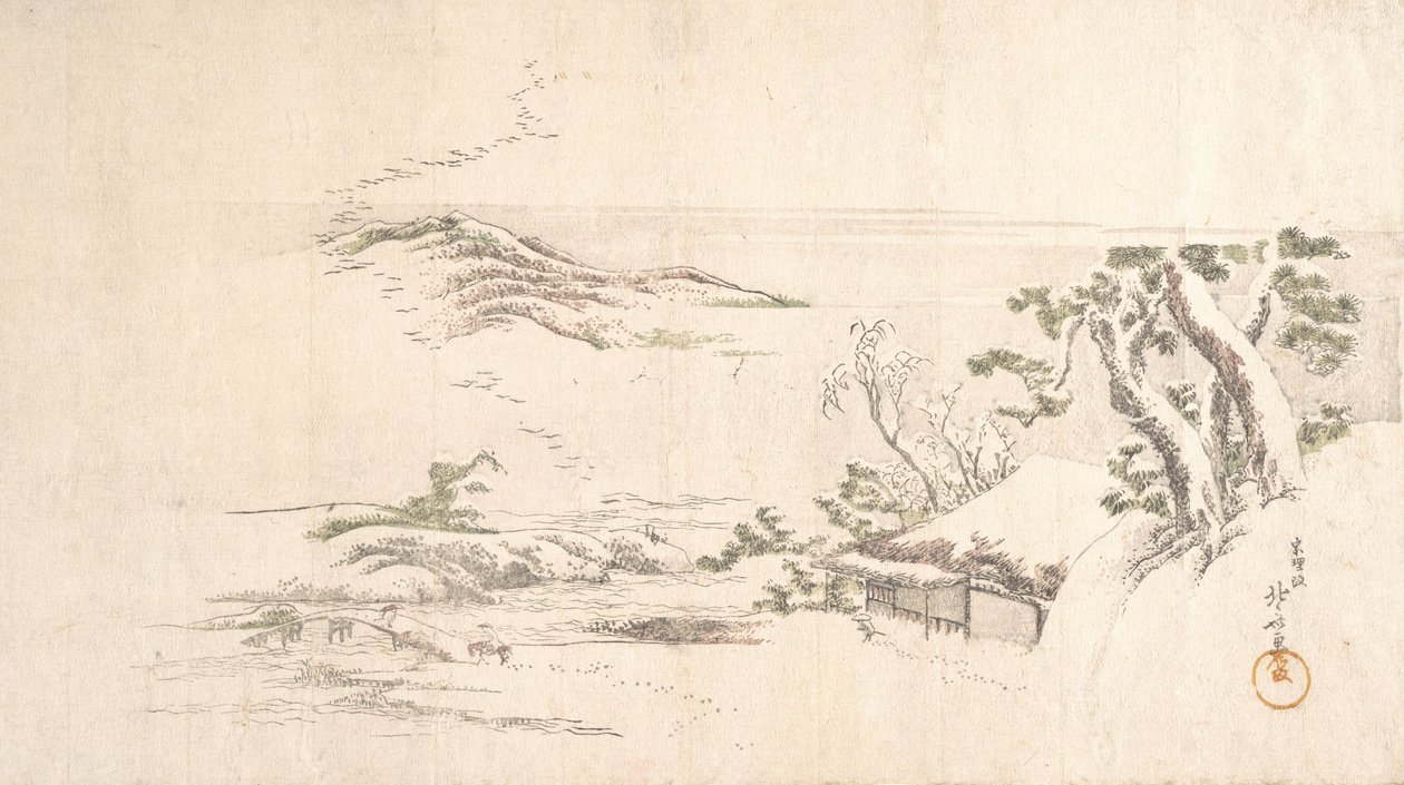 Schneebedeckte Landschaft mit grauen Wolken, ca. 1800 von Katsushika Hokusai
