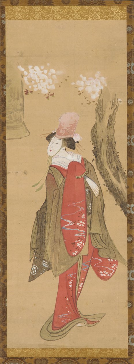 Eine Tänzerin, Kiyohime, ein Kirschbaum und die Glocke von Dojo-ji von Katsushika Hokusai