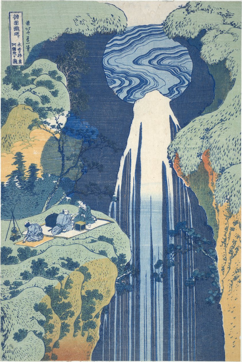 Amida-Wasserfall tief in der Ferne auf der Kiso-Straße, aus der Serie Tour der Wasserfälle in verschiedenen Provinzen von Katsushika Hokusai