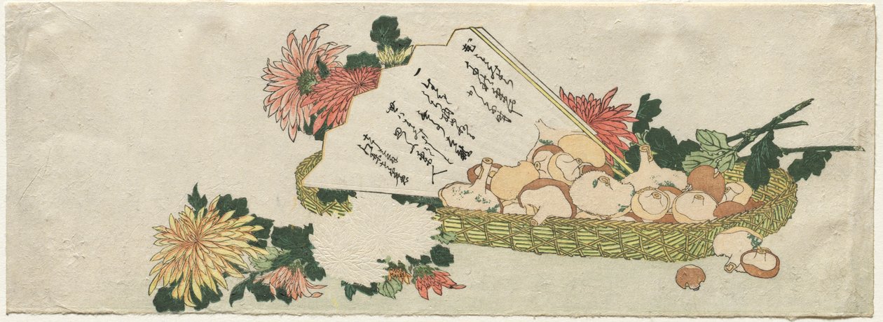 Korb mit Fächer, Chrysanthemen und Pilzen von Katsushika Hokusai